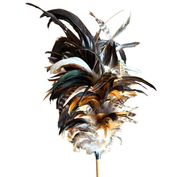 Vtg REAL FEATHER DUSTER Bamboo Handle Gorgeous Iridescent Striped OOAK 27" Long - Picture 1 of 11